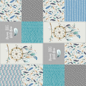 Dream Catcher Patchwork Quilt Top ROTATED – Dream Big Cheater Quilt Panel, Blue Teal Gray Eggshell