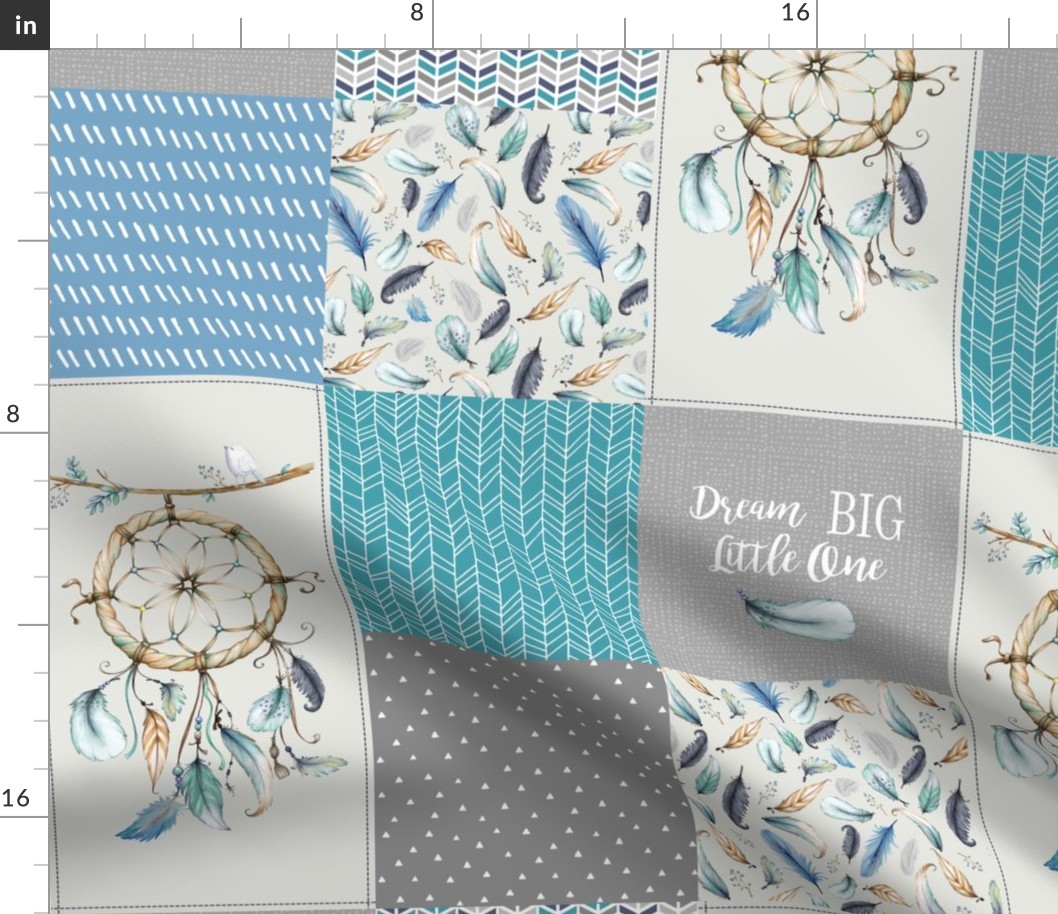 Dream Catcher Patchwork Quilt Top – Dream Big Cheater Quilt Panel, Blue Teal Gray Eggshell