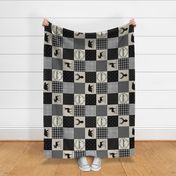 Adventure Woodland Quilt Top - Cheater Quilt Patchwork Blanket, Black Grey & Cream ROTATED