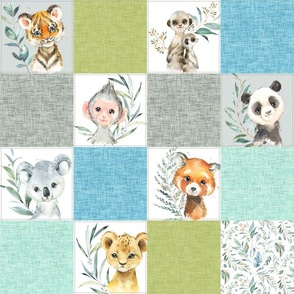 4 1/2" Wild Animals Blanket – Jungle Safari Cheater Quilt, elephant zebra giraffe sloth koala lion (blue green gray)