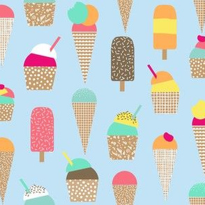 ice cream fabric - summer fabric, ice-cream cone fabric, ice creams, popsicle, summer foods fabric, - blue