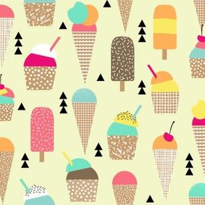 ice cream fabric - summer fabric, ice-cream cone fabric, ice creams, popsicle, summer foods fabric, - pastel yellow with triangles