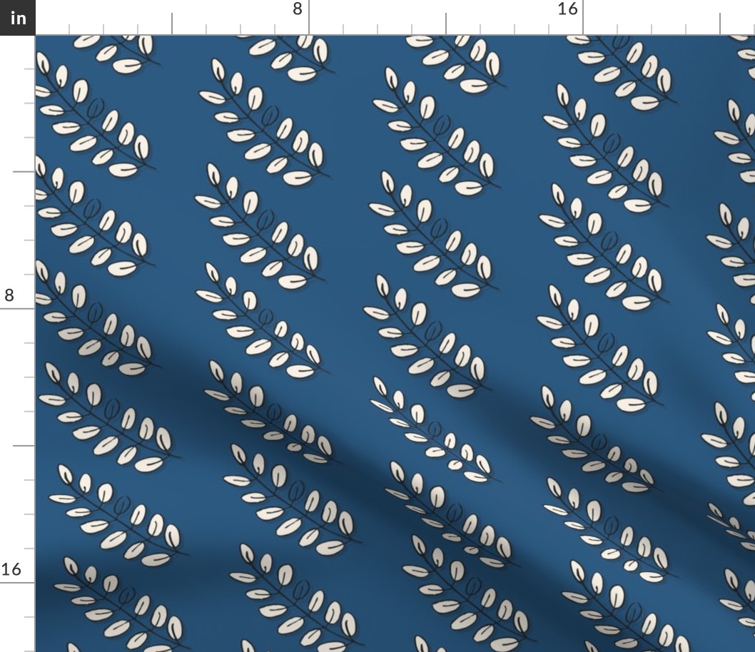 vertical rows of acacia leaves on blue