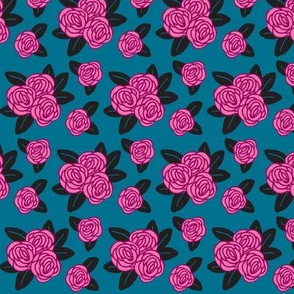 Pop of Cottage / Small pink roses on  denim blue  