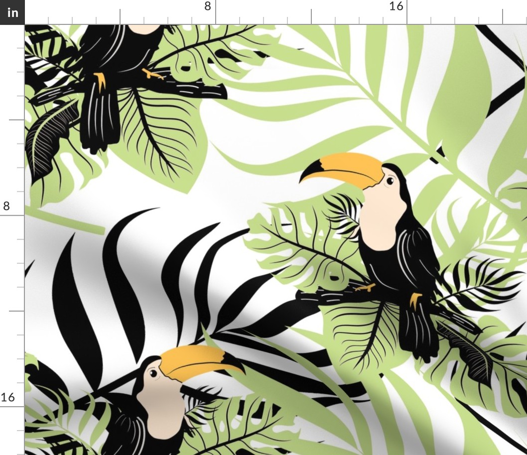 Toucans in Pastel Green Forest