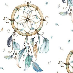 Dream Catchers – Blue Teal Gray Feathers, white, LARGE Scale