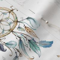 Dream Catchers – Blue Teal Gray Feathers, white, SMALL Scale