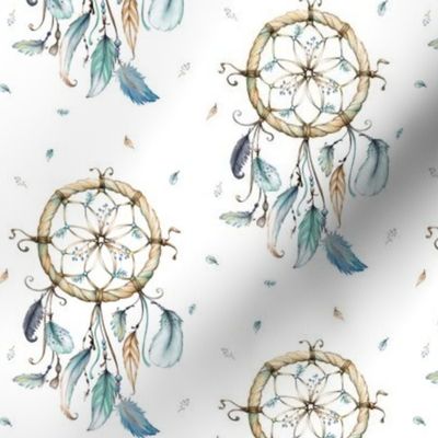 Dream Catchers – Blue Teal Gray Feathers, white, SMALL Scale