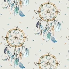 Dream Catchers – Blue Teal Gray Feathers, eggshell, SMALL Scale