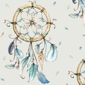 Dream Catchers – Blue Teal Gray Feathers, eggshell, LARGE Scale