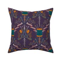 Seamstress Damask, Sewing Tools on Dark Purple Background