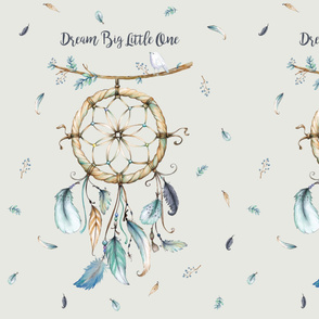 Two Dream Catcher Panels w/ Feathers – MINKY size, Dream Big Little One, eggshell