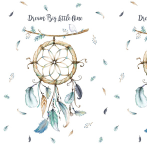 Two Dream Catcher Panels w/ Feathers - MINKY size, Dream Big Little One, white