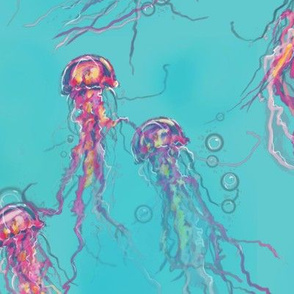 Aqua Pink Jellyfish fabric on Large Pattern