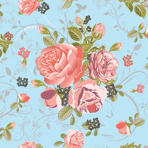 Coral Rose Bouquet with Floral Swirls Repeat Seamless pattern blue