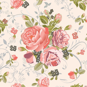 Coral Rose Bouquet with Floral Swirls Repeat Seamless pattern in peach