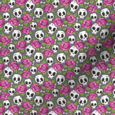 Skulls and Roses  Pink on Dark Grey Tiny Small