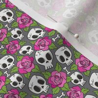 Skulls and Roses  Pink on Dark Grey Tiny Small