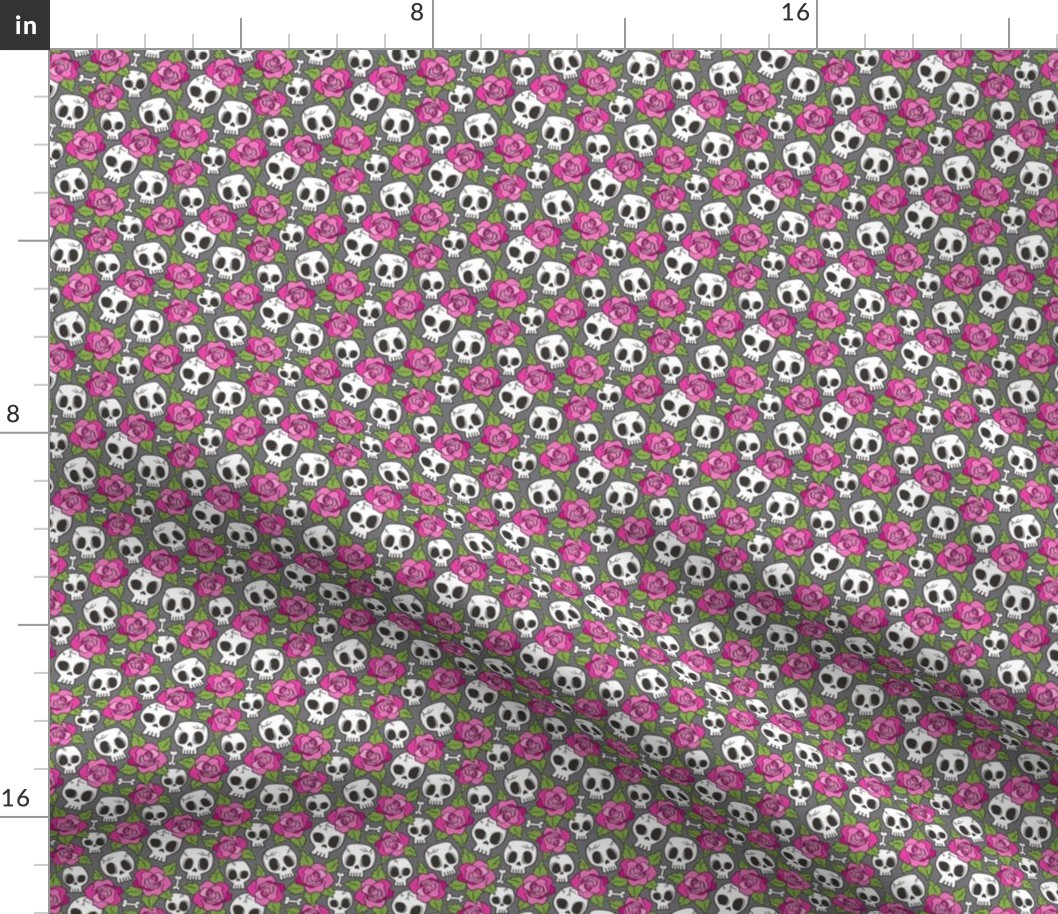 Skulls and Roses  Pink on Dark Grey Tiny Small