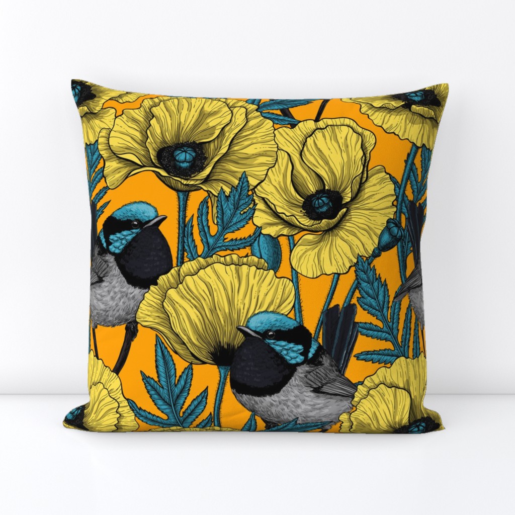 Fairy wren and poppies in yellow