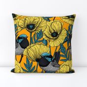 Fairy wren and poppies in yellow