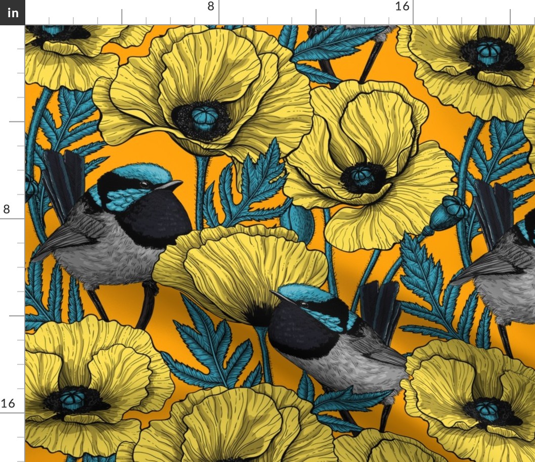 Fairy wren and poppies in yellow