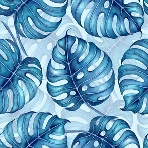 Monstera watercolor pattern blue 
