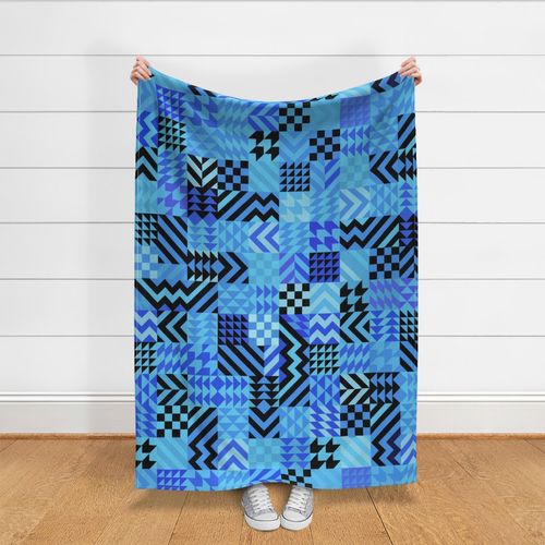 Tribal Patchwork Quilt - Blue - Large scale