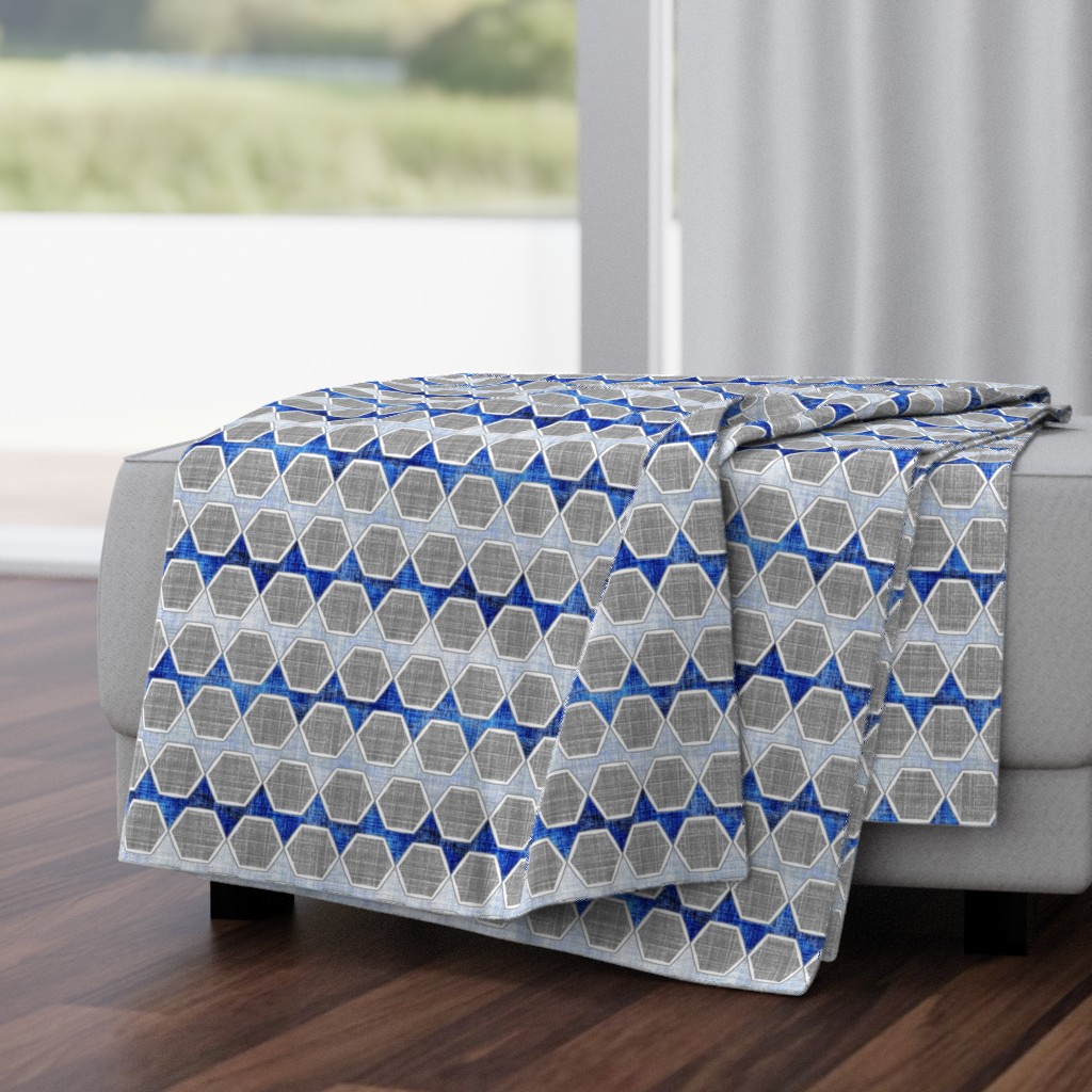 Modern faux linen hexagon in blue and gray