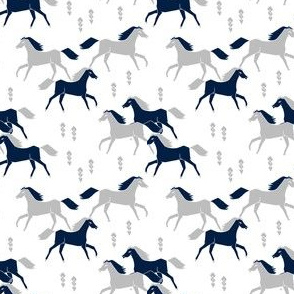 SMALL - horses // grey and navy blue kids western west wild horses americana