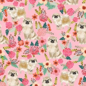 tibetan spaniel floral dog fabric - floral dog fabric, dogs fabric, spaniel fabric, cute dog fabric -  pink