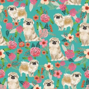 tibetan spaniel floral dog fabric - floral dog fabric, dogs fabric, spaniel fabric, cute dog fabric - blue
