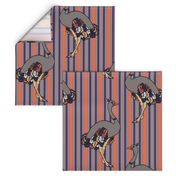 Ostriches on Parade in  Orange, Purple and Charcoal Stripe