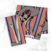 Ostriches on Parade in  Orange, Purple and Charcoal Stripe