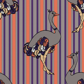 Ostriches on Parade in  Orange, Purple and Charcoal Stripe