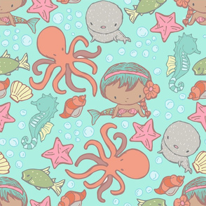 Cute Kawaii African American Mermaid Underwater-Themed Children's Fabric with Octopus, Seals, Seahorses, Fish, shells, Peach  Aqua, Large