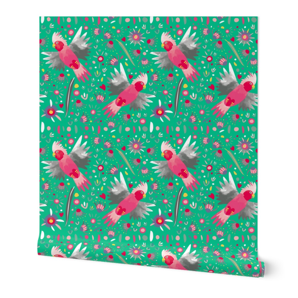 Galah flying fabric green by Mount Vic and Me