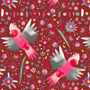 Galah flying maroon fabric by Mount Vic and Me