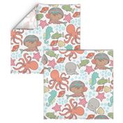 Cute Kawaii African American Mermaid Underwater-Themed Children's Fabric with Octopus, Seals, Seahorses, Fish, shells, Peach - Large