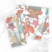 Cute Kawaii African American Mermaid Underwater-Themed Children's Fabric with Octopus, Seals, Seahorses, Fish, shells, Peach - Large