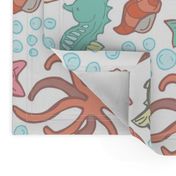 Cute Kawaii African American Mermaid Underwater-Themed Children's Fabric with Octopus, Seals, Seahorses, Fish, shells, Peach - Large