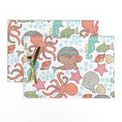 Cute Kawaii African American Mermaid Underwater-Themed Children's Fabric with Octopus, Seals, Seahorses, Fish, shells, Peach - Large
