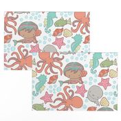 Cute Kawaii African American Mermaid Underwater-Themed Children's Fabric with Octopus, Seals, Seahorses, Fish, shells, Peach - Large