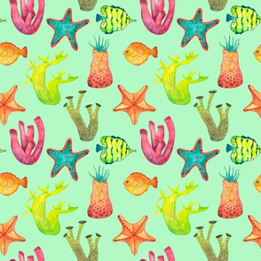 Corals_ starfish and fish seamless pattern watercolor illustration on light green