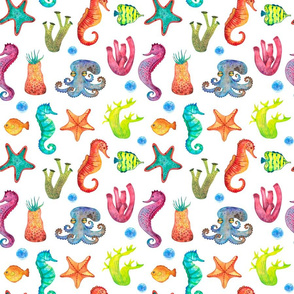 Underwater world seamless pattern watercolor illustration on white with starfish_ octopus_ jellyfis_ sea horse