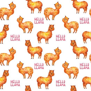 Llamas seamless pattern watercolor drawing on white with an inscription hello llama