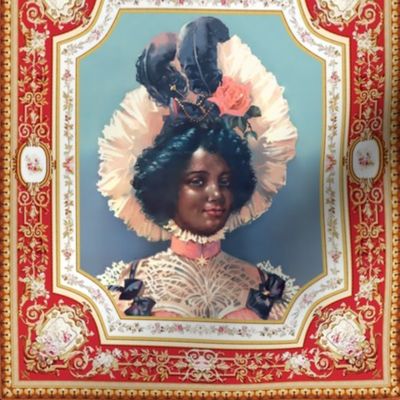 3 young black woman lady african descent POC people of color WOC pink victorian bonnets beautiful lady 19th century flowers floral roses feathers bow baroque filigree frame leaves leaf red brown border flourishes bows chokers star coral peach lace blue gr