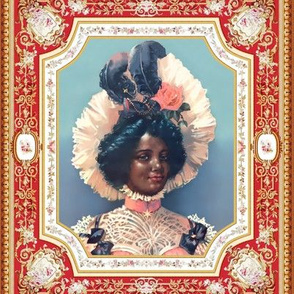 3 young black woman lady african descent POC people of color WOC pink victorian bonnets beautiful lady 19th century flowers floral roses feathers bow baroque filigree frame leaves leaf red brown border flourishes bows chokers star coral peach lace blue gr