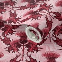 Scottish Thistles Red Toile Folk Flowers Thistle Print | Arts and Crafts Red Monochrome Thistles Wildflowers | Soft Light Pink Floral Background Red Cottagecore Rose Quartz Toile