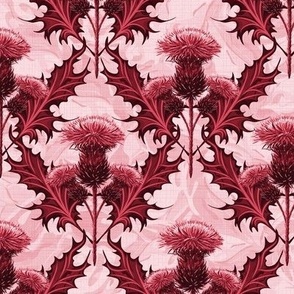 Scottish Thistles Red Toile Folk Flowers Thistle Print | Arts and Crafts Red Monochrome Thistles Wildflowers | Soft Light Pink Floral Background Red Cottagecore Rose Quartz Toile